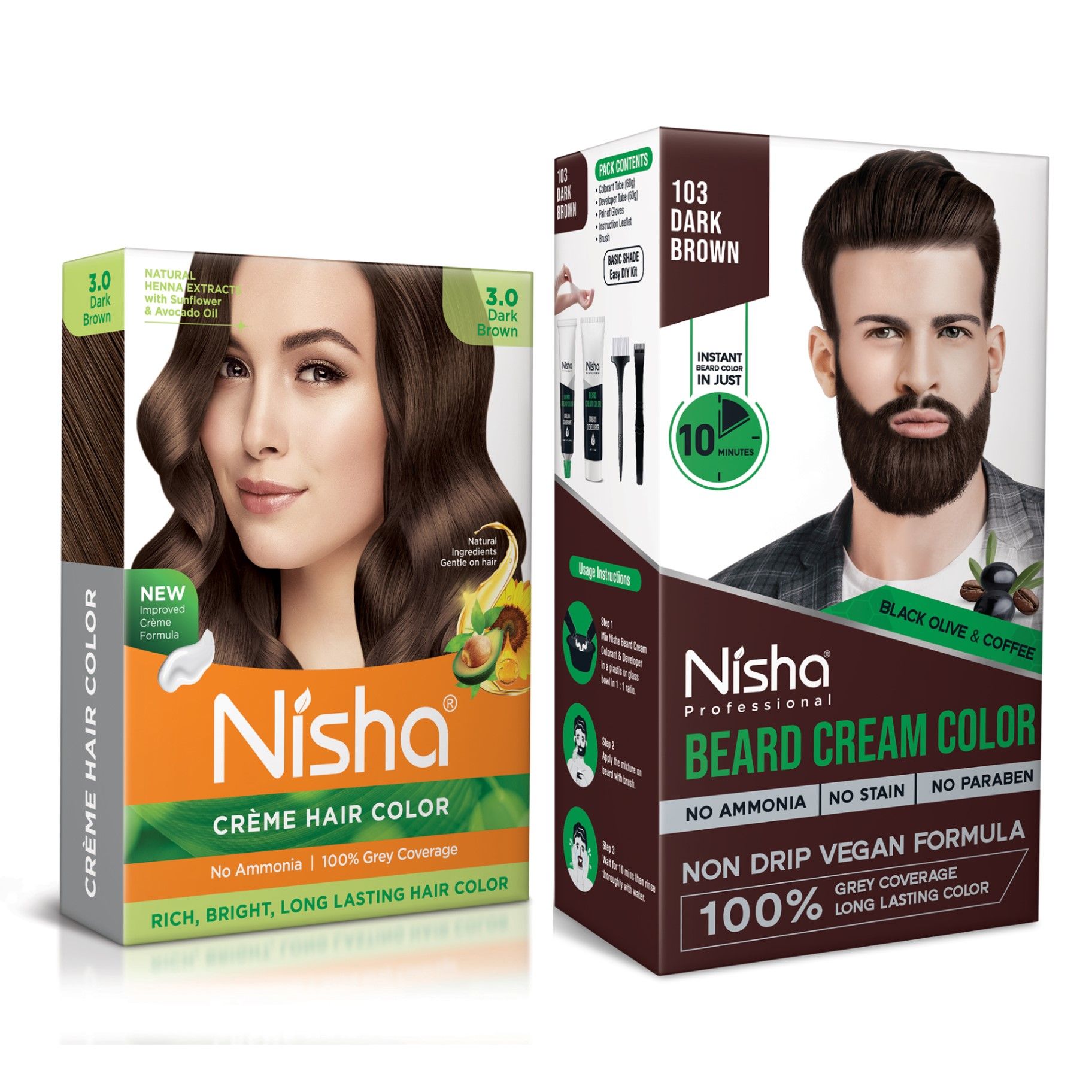 Nisha Hair Colour and Beard Colour Dark Brown, Permanent Hair Color 40g and Beard Color for Men 120g