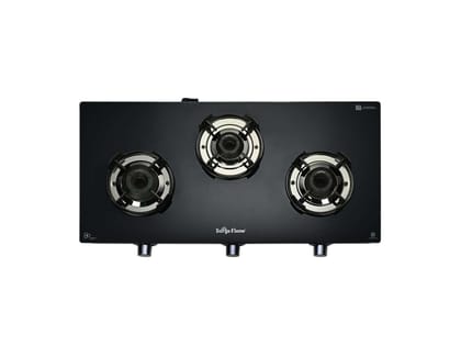 Surya Flame Black Pro 3 Burner Gas Stove, All-Black "Pro" Series, 1 Jumbo Coated Burner, Toughened Glass, Flame Guard Support - Black