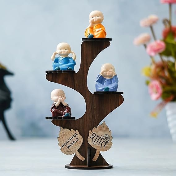 Precious Art Gifts Buddha Monk Under Tree Showpiece Set of 4 for Home Decor | Monk Tree Statue with Wooden Stand |
