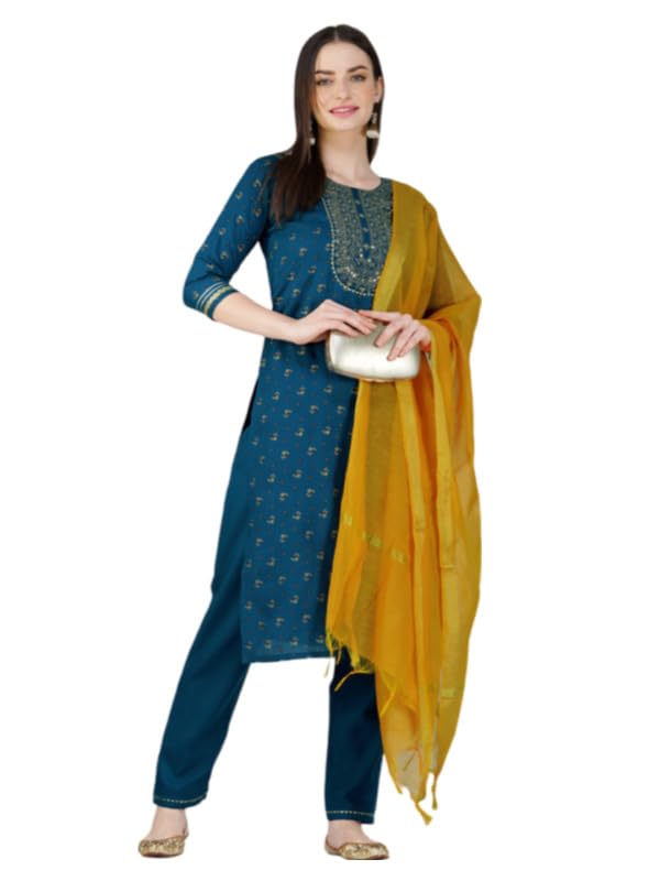 Women's Casual 3-4 th Sleeve Embroidery Cotton Kurti Pant Dupatta Set (Blue, M)-PID50247