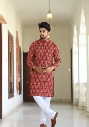 Red Cotton Premium And Elegant Kurta Pajama Set For Men