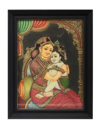 Little Krishna with Yashoda Traditional Tanjore Painting By Authentic Handcrafted Method (Size 18x14)