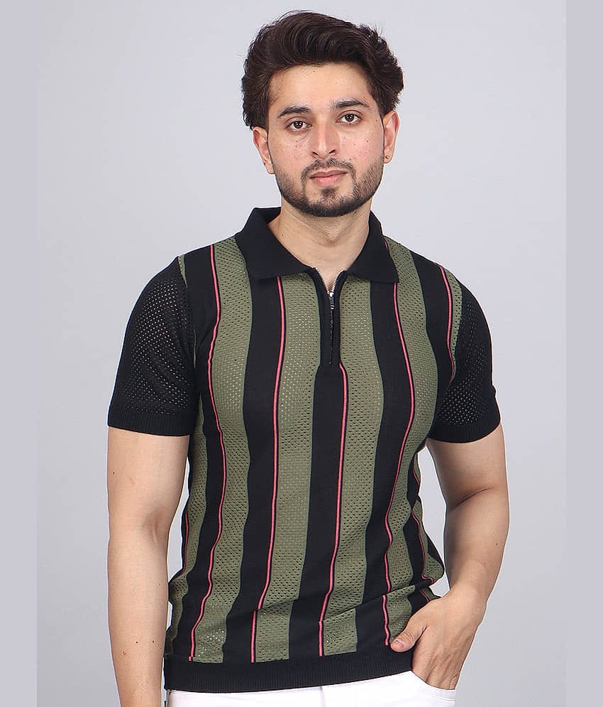 FEVERFEW Men Cotton Blend Regular Fit Printed Polo T Shirt ( Black )