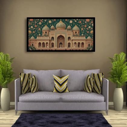 Luminary Persian Dream – Floral Palace Fantasy Museum-Quality Cotton Canvas Art for Elegant Sitting Room Décor | Frame Size (127 X 69 Cm) | Frame Type (Black) | 5-Year Warranty