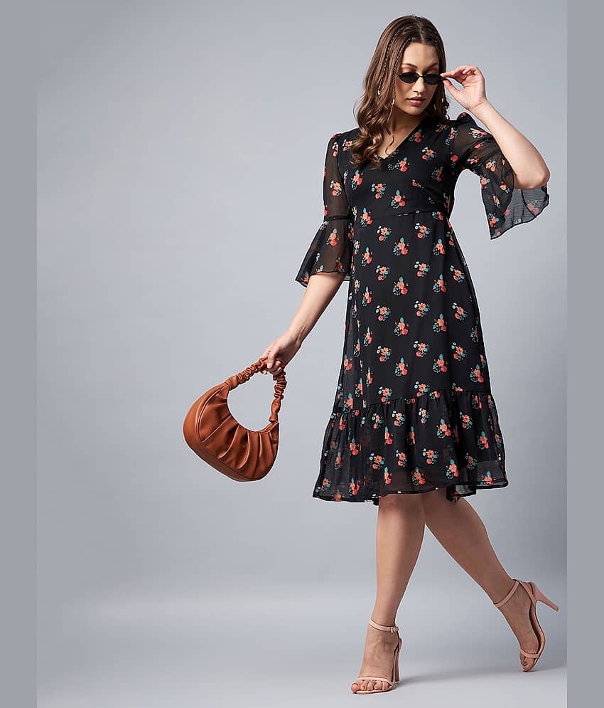 StyleStone Women Chiffon Printed Fit & Flare Dress ( Black )