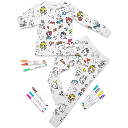 Arni Arts Magic Coloring Pajama Set Top and Bottom with Unicorn and Princess Print and 12 Washable Markers for Kids Age 2 to 3 Years