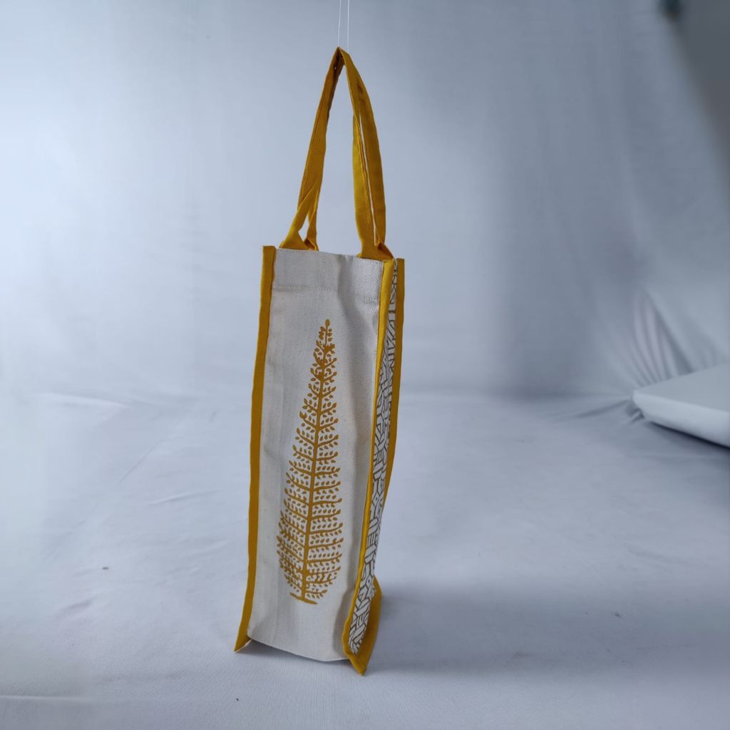 Handcrafted Block Printed Cotton Bottle Bag | Reusable | Beige