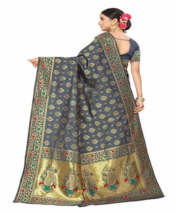 Women's Banarasi Silk Designer Weaving Saree with Unstitched Blouse (Grey, 5.50 Mtrs)