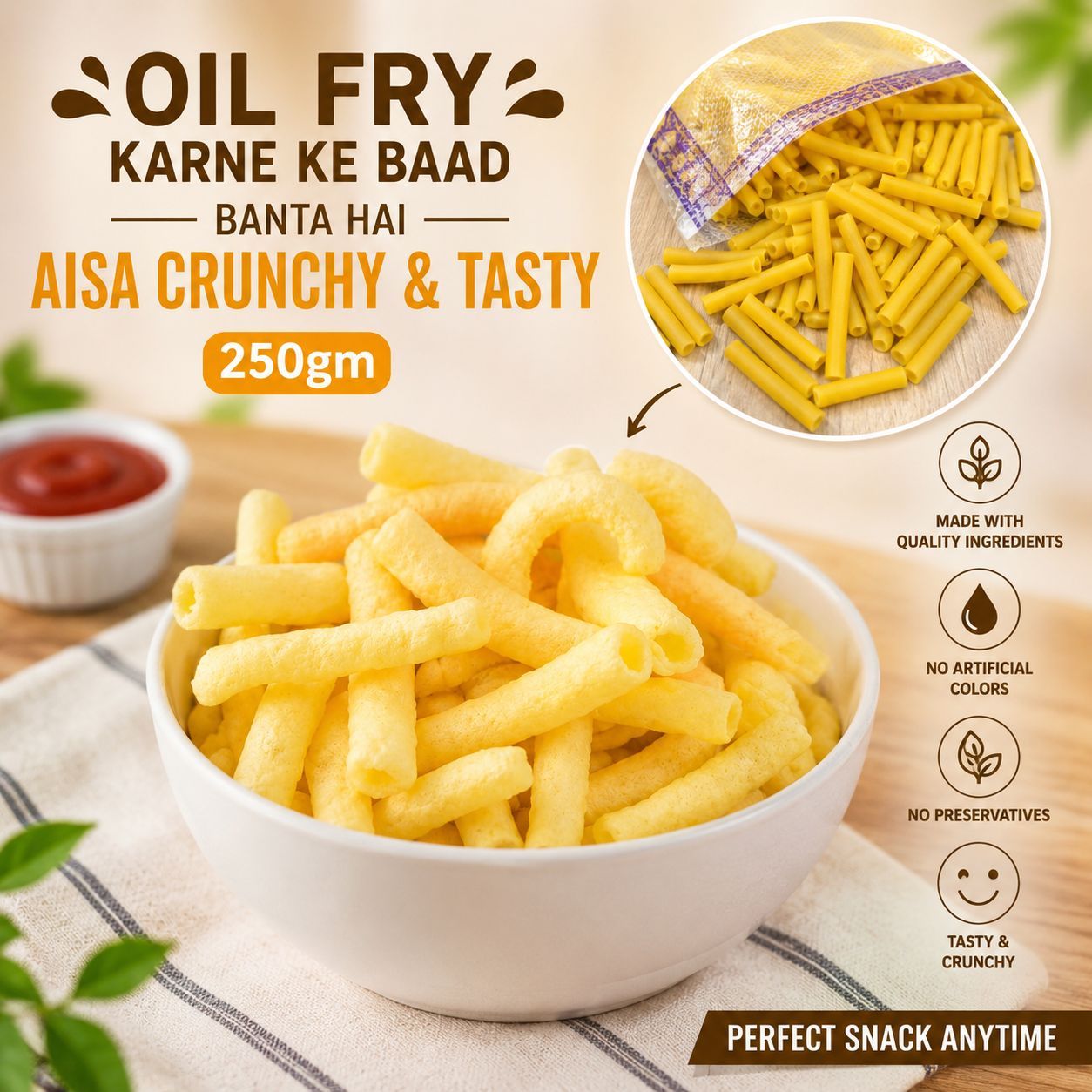 Corn Fryums Tube, Fryums Pipe, Tube Fryums, Corn Pipe Snacks, Ready To Fry Corn Tubes 250gm
