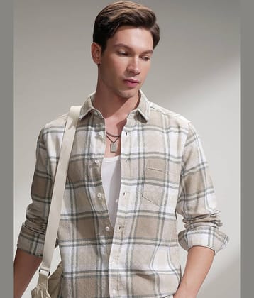 Highlander 100% Cotton Slim Fit Checks Full Sleeves Men's Casual Shirt - Beige ( Pack of 1 )
