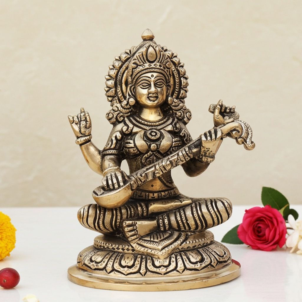 Brass Saraswati Ji Statue - Study & Music Room Showpiece, Height : 7.2 Inch (BSMAS1337 S)