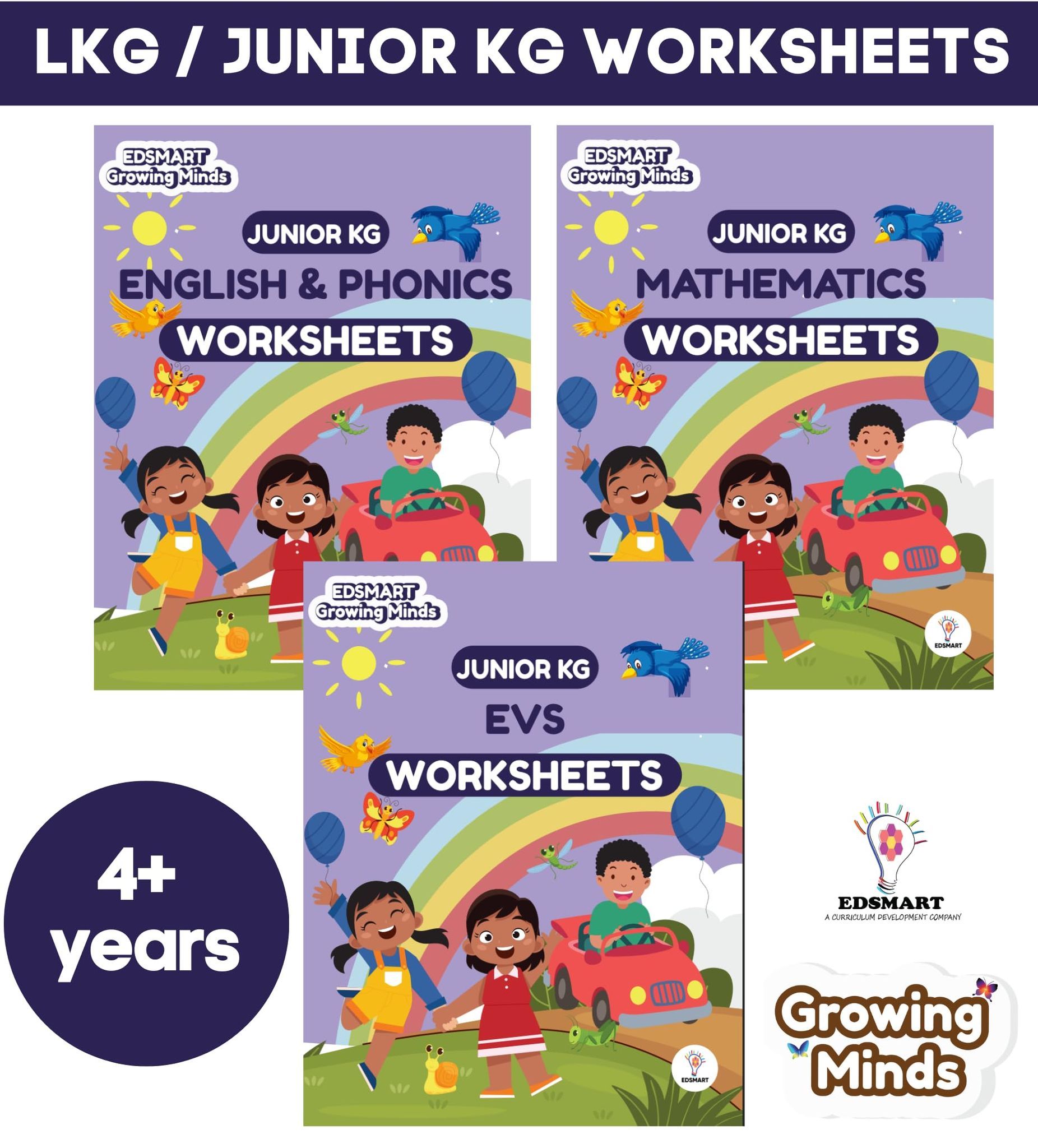 Edsmart LKG Worksheets Set 'English, Phonics, Mathematics & EVS for CBSE | Edsmart Growing Minds Series | Set of 3 Easy Tear Worksheets for Pre-primary/ Preschool Learning & Early Education [Perfect Paperback] [Mar 31, 2025] Edsmart Edu Services Pvt Ltd
