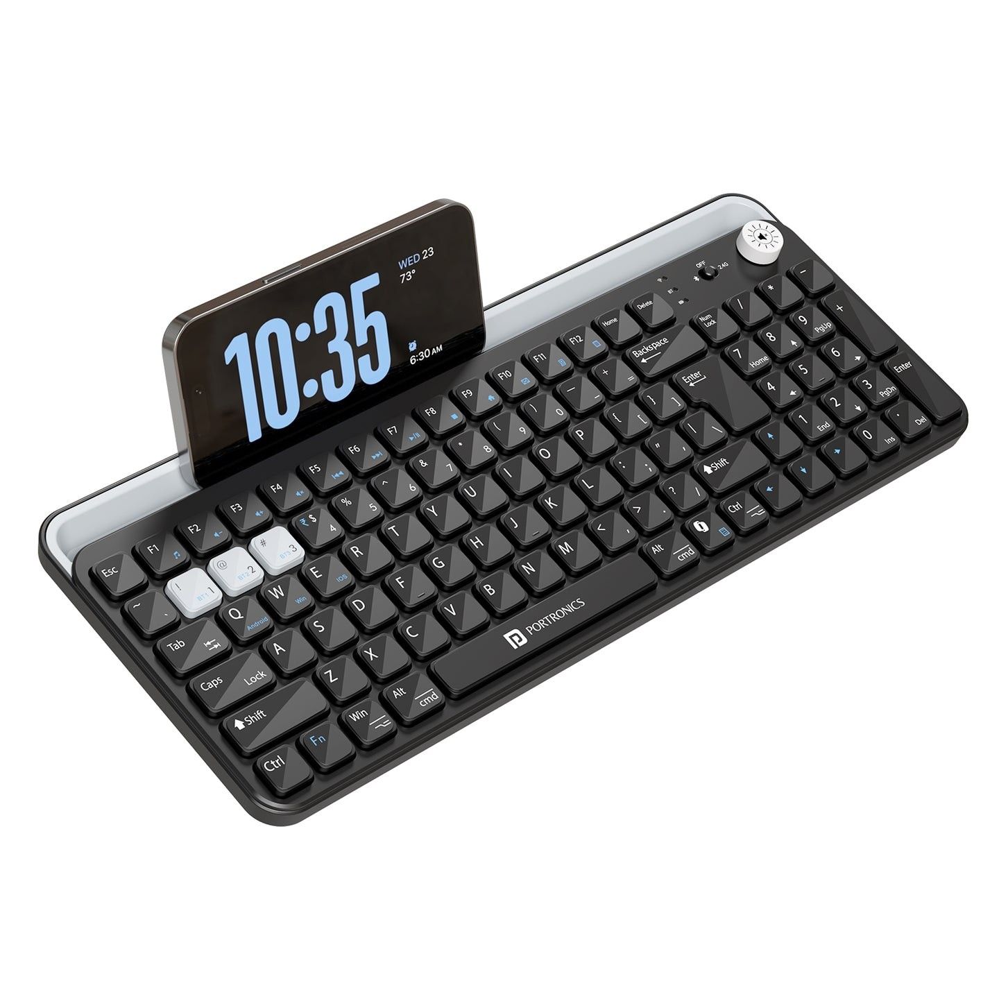Portronics Bubble 4 Keyboard, 03 X Bluetooth Connectivity, 2.4Ghz Receiver, In Built Rechargeable Battery, Volume Control Knob, Integrated Numpad & Multimedia Keys - Black