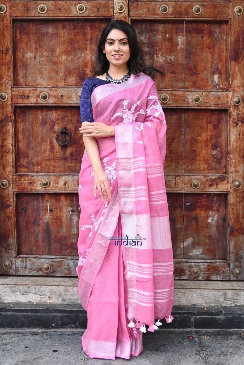 Ehsaas ~ High Thread Count Linen With Inticrate Work- Taffy Pink & Silver