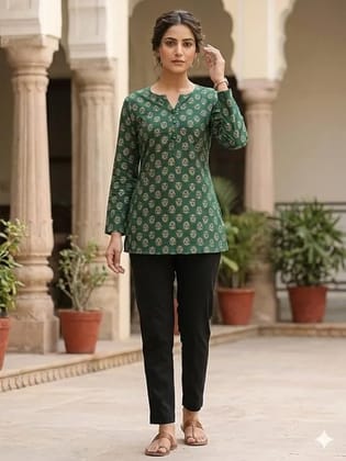 Women's Floral Printed Straight Kurti Casual Ethnic Top with Full Sleeves