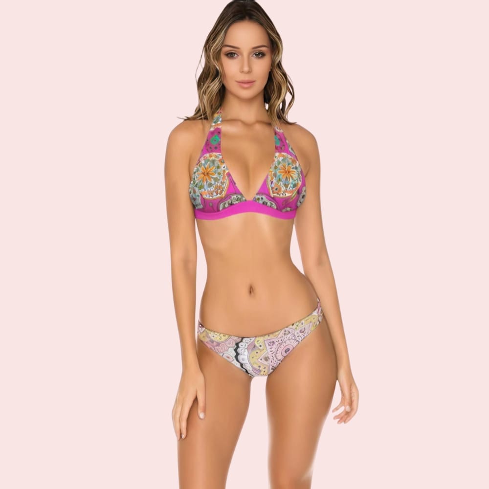 Pink Geometric Mandala Halter Bikini Topa (Top Only)