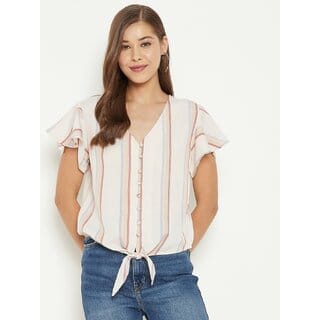 PURYS Women Beige Striped Regular Top