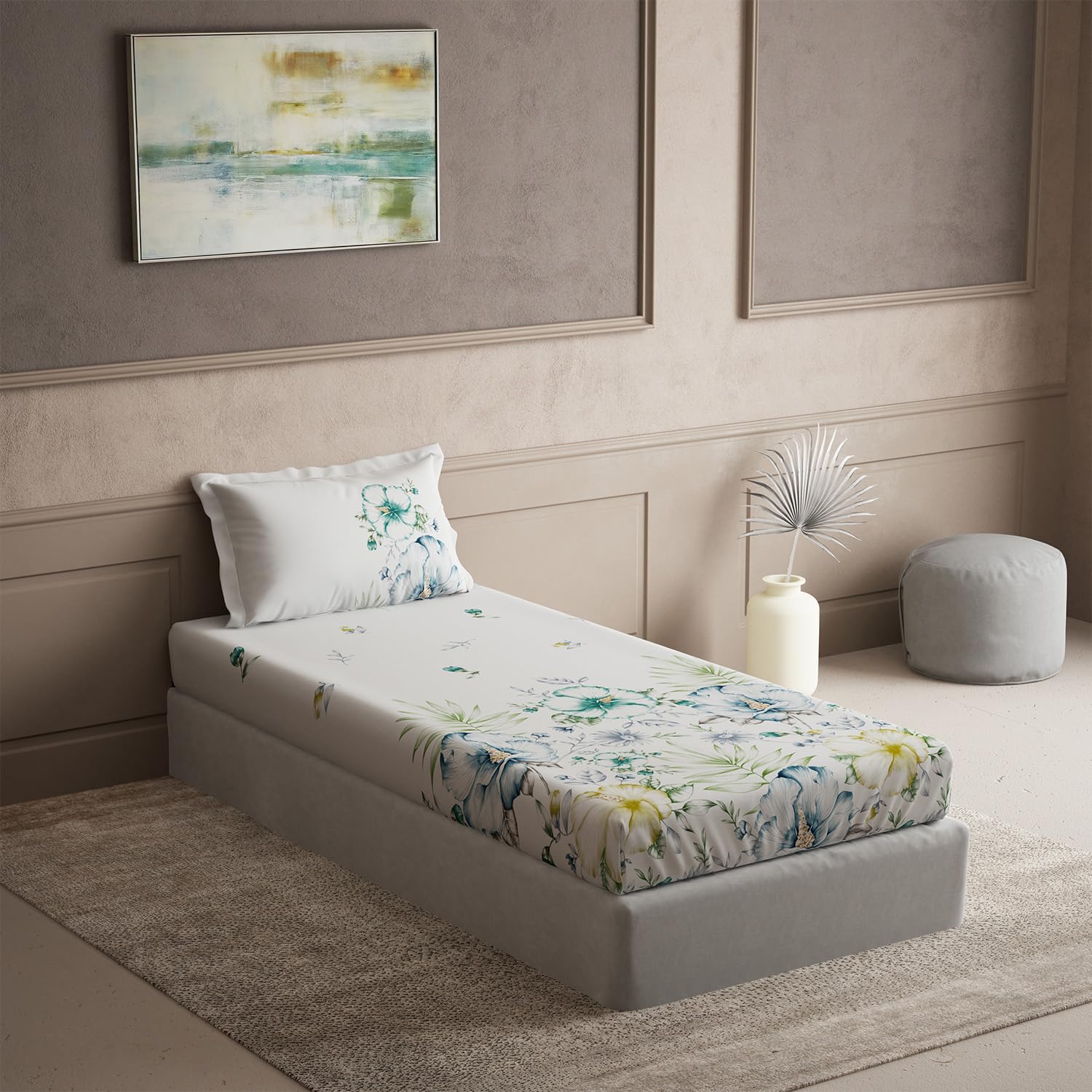 DDECOR - Radiance Collection 100% Cotton Floral Pattern 145TC Single Bedsheet|152 CM X 224 CM| - Turquoise