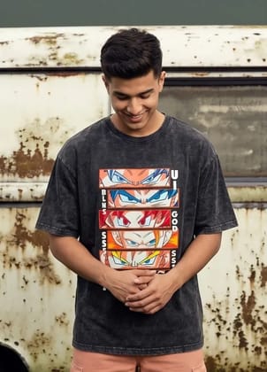 Hue Nox Men's Charcoal Big Anime Eyes Graphic Oversized T-Shirt