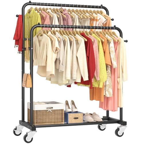 Laiensia Double Rods Garment Rack with Wheels, Clothing Rack for Hanging Clothes,4 Hooks, Multi-Functional