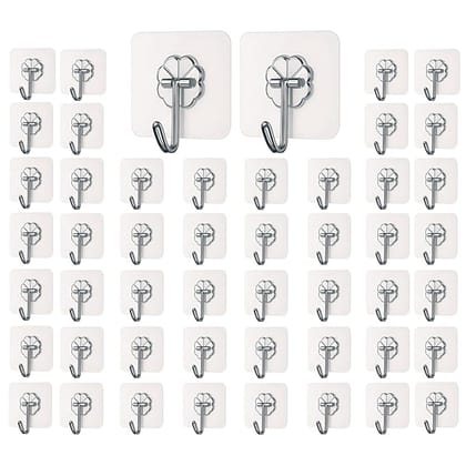 Self Adhesive Wall Hooks - Heavy Duty Wall Hooks for Hanging | Nail Free Sticky Hooks for Wall Heavy Items Without Drilling, Transparent Wall Hanger Hook (50)