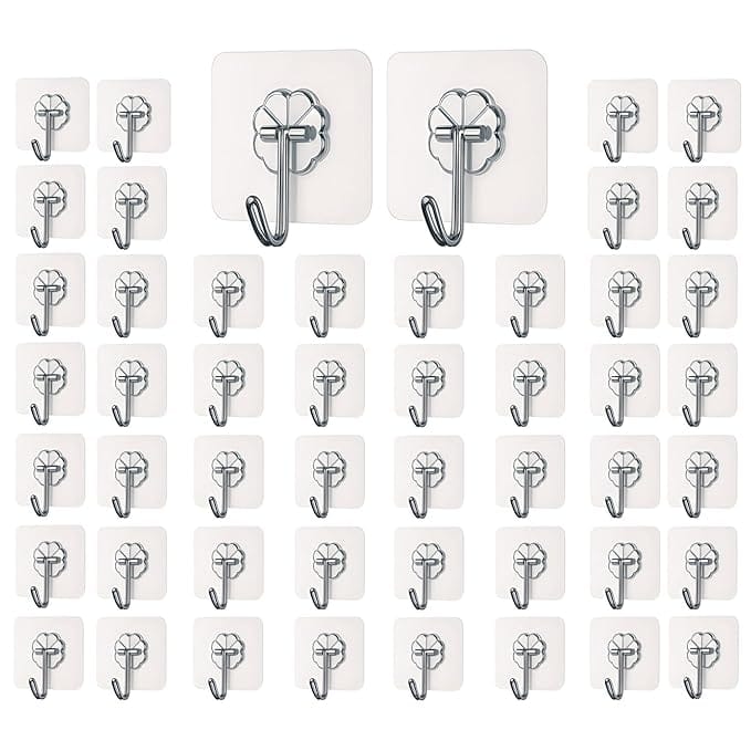 Self Adhesive Wall Hooks - Heavy Duty Wall Hooks for Hanging | Nail Free Sticky Hooks for Wall Heavy Items Without Drilling, Transparent Wall Hanger Hook (50)