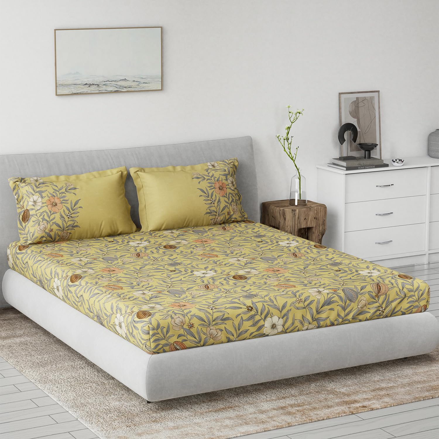 DDECOR - Primary Collection 100% Cotton Leaves Pattern 145TC King Bedsheet |229 CM X 274 CM| Yellow