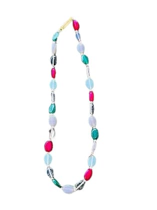 Handcrafted Multi-Gemstone Beaded Necklace, Green, Red, Gray, Mint with Gold Accents, Oval Stone Design Handcrafted Multi-Gemstone Beaded Necklace, Green, Red, Gray, Mint with Gold Accents, Oval Stone Design