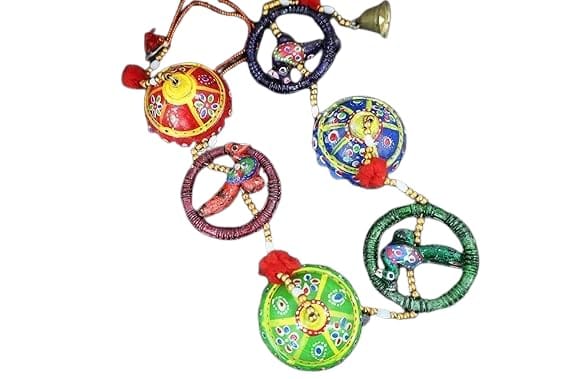 Handcrafted Wall Hanging with Decorative Spheres, Traditional Indian Design, Multicoloured Bells and Beads