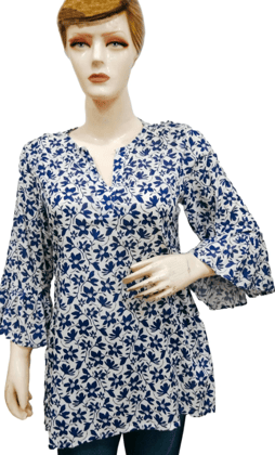 blue and white floral print top