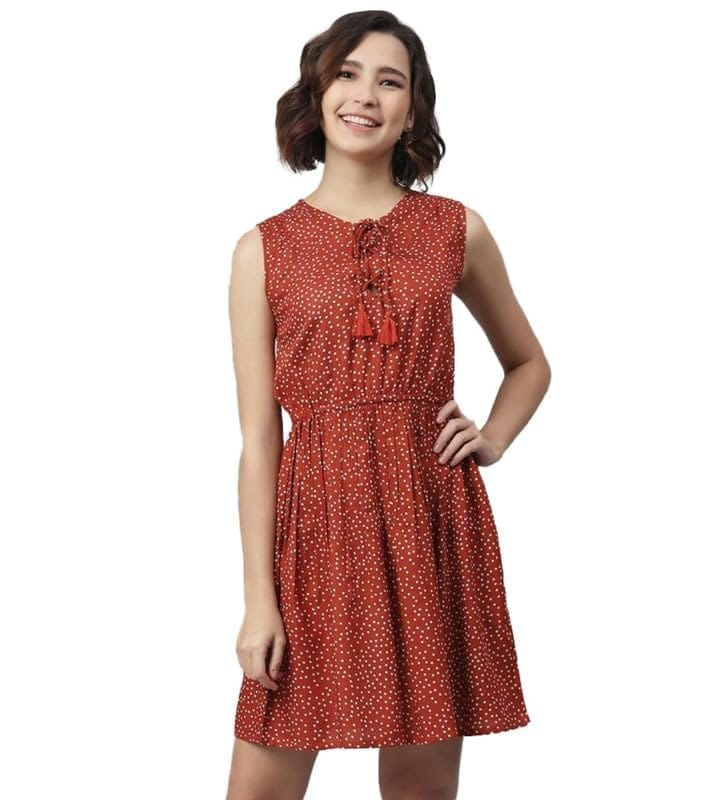 Women's Rayon Polka Sleeveless Above Knee Dress (Rust, XL)-PID55781
