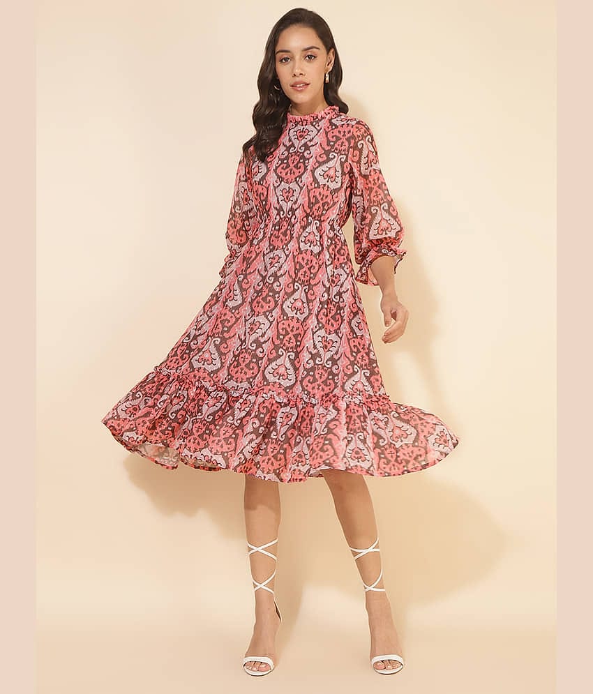 Janasya Women Georgette Printed Fit & Flare Dress ( Peach )