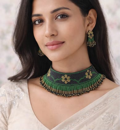 Handcrafted Beaded Choker Necklace Set with Earrings Handcrafted Beaded Choker Necklace Set with Earrings