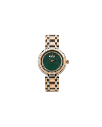 Qorum Katha Ladies Watch - Two Tone Rose Gold Plated Stainless Steel Case With Emerald Green Dial
