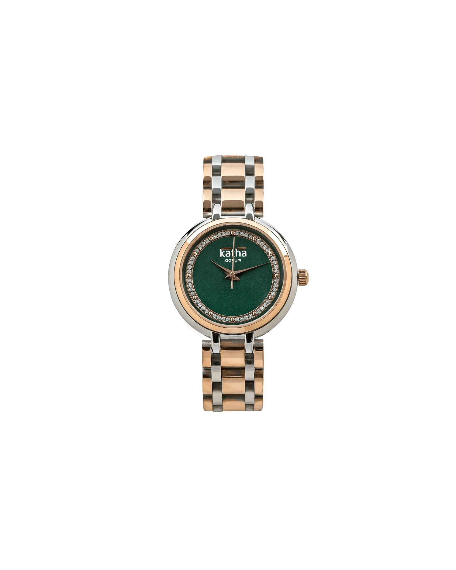 Qorum Katha Ladies Watch - Two Tone Rose Gold Plated Stainless Steel Case With Emerald Green Dial