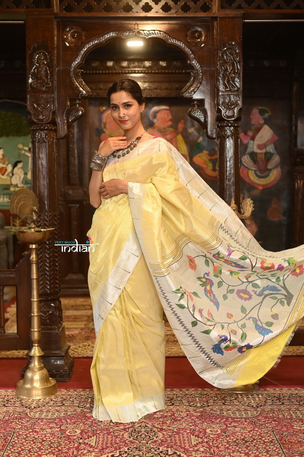 Exclusive Muniya Border - Authentic Handloom Pure Silk Muniya Border Paithani With Tissue Lines and Grand Pallu ~Tuscany Yellow