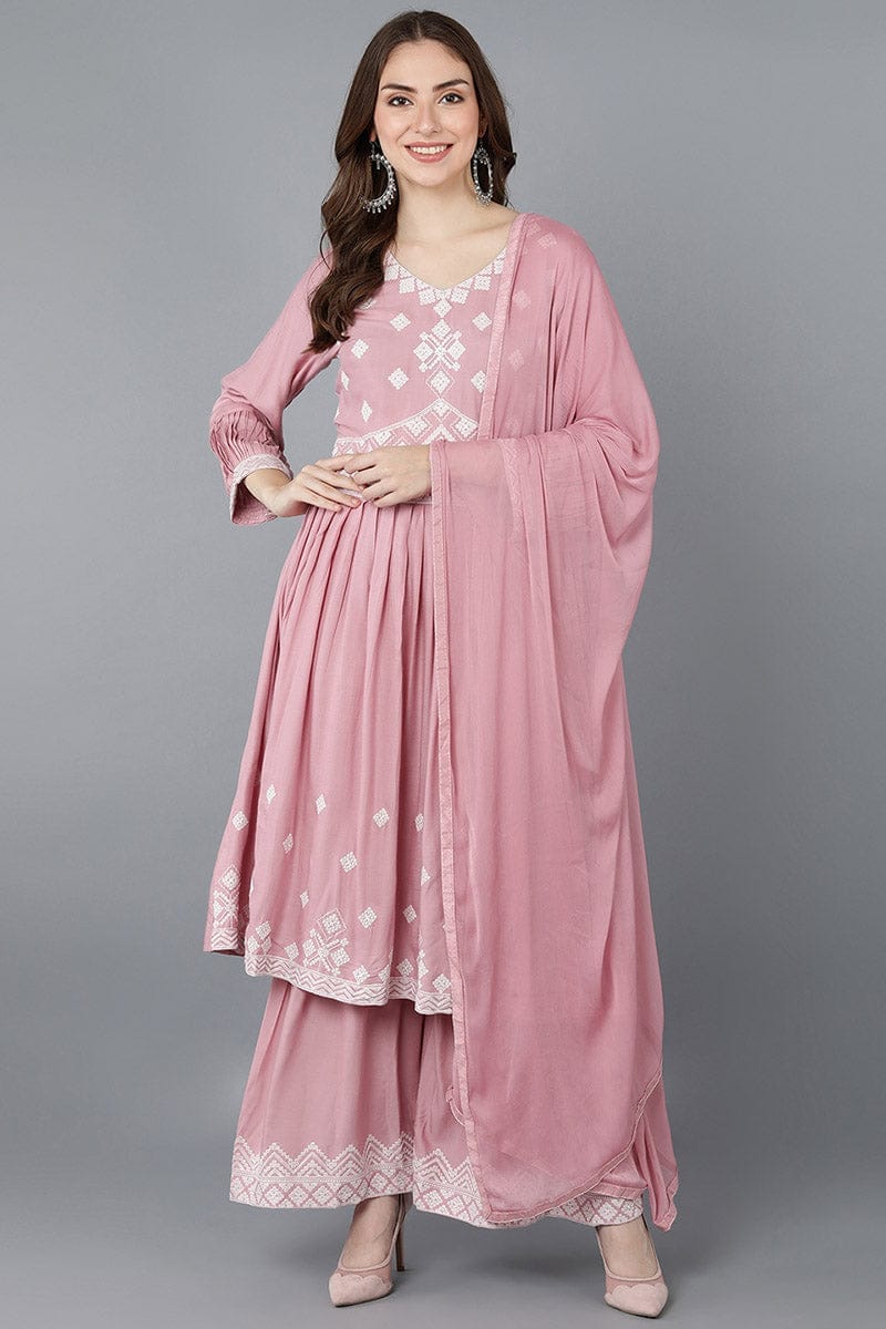 Pink Poly Silk Anarkali Kurta Sharara With Dupatta Set PKSKD1483