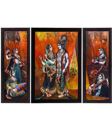 eCraftIndia Set of 3 Orange and Blue Musical Radha With Krishna Texture UV Wall Arts
