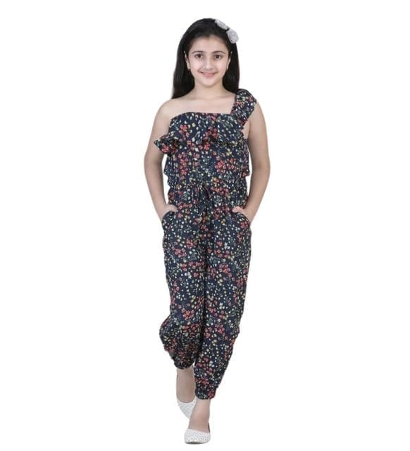 Girl's Polyester Moss Floral Sleeveless Jumpsuit
