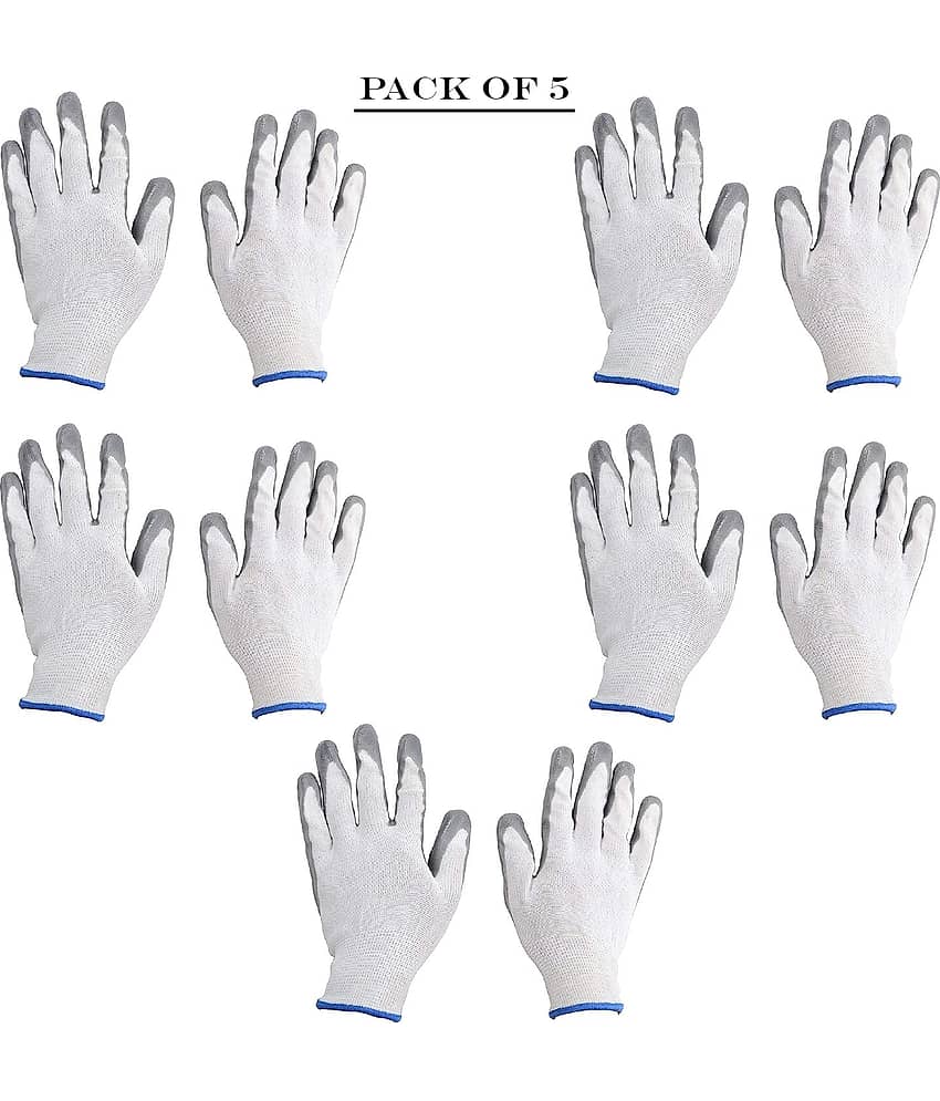LAXMI White&Grey Nitrile Coated Hand Gloves (Pack of 05) Nylon Safety Glove