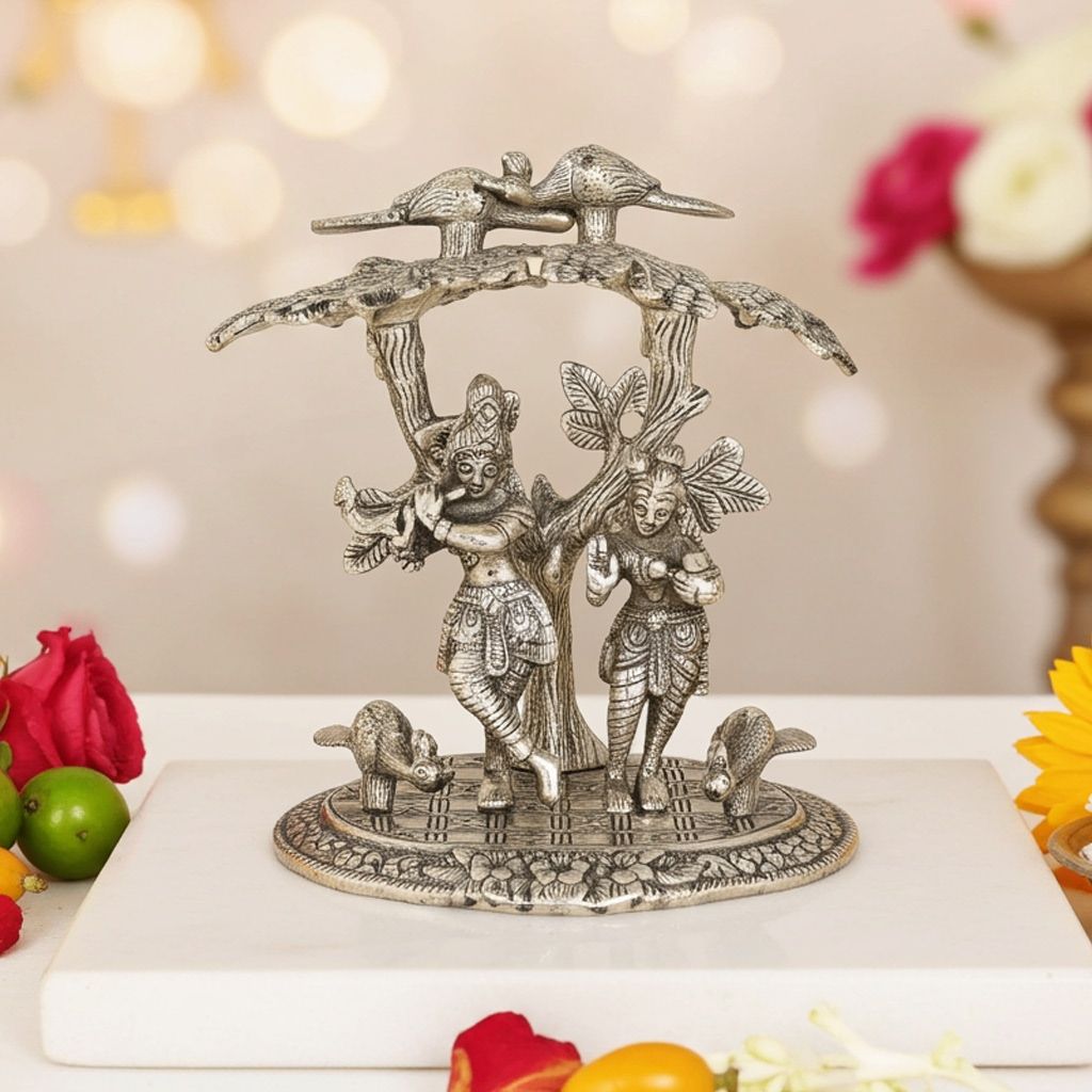 Aluminium Standing Radha Krishna Idol Under Tree ? Home Decor Statue, Height : 7.5 Inch (ASMAS134 S)