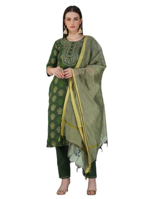 Women's Casual 3-4 th Sleeve Embroidery Cotton Kurti Pant Dupatta Set (Dark Green, L)-PID50220