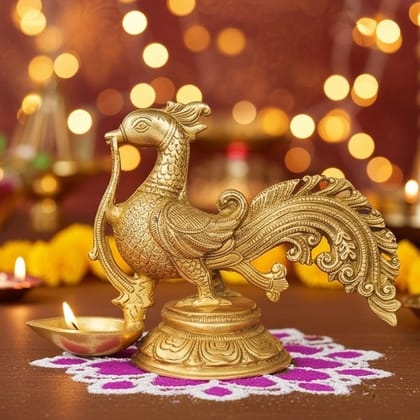 Brass Cock [Murga] Oil Lamp Deepak  - Elegant Brass Diya for Mandir Use, Height : 6.5 Inch (BSMAS1179 A)