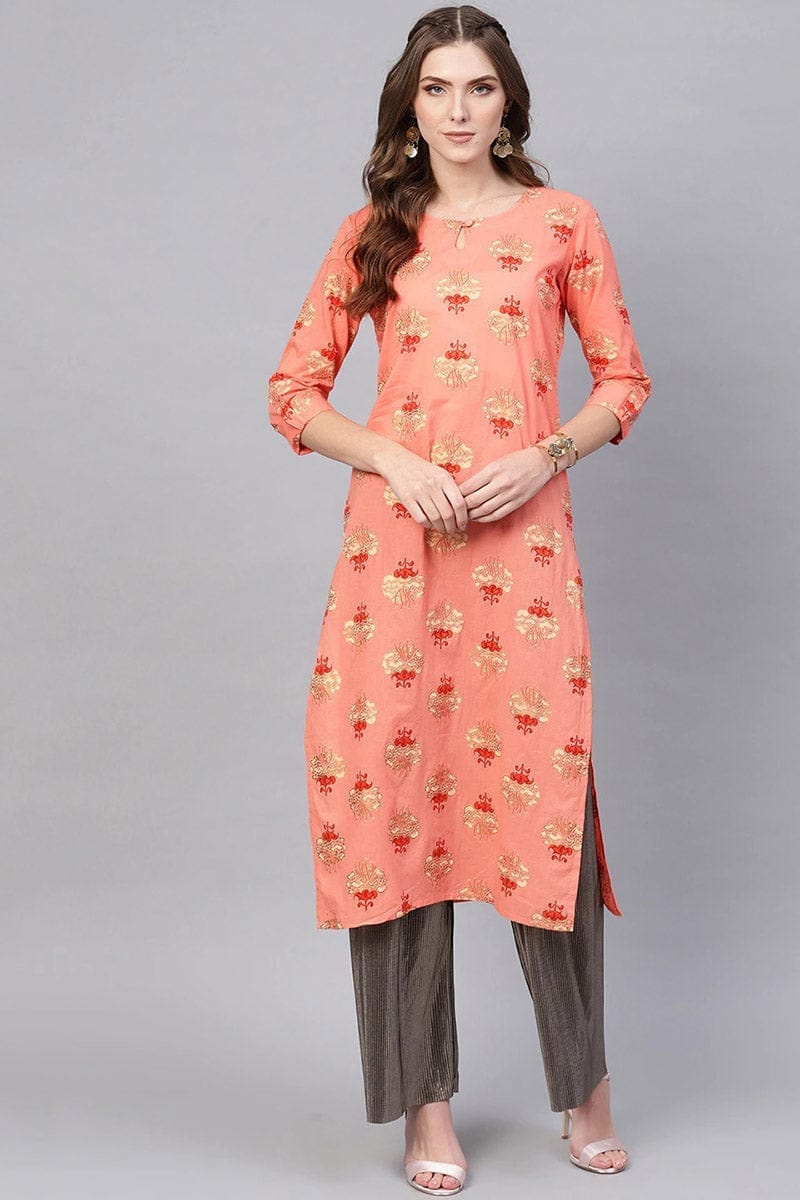 Women Coral Pink & Beige Printed Straight Kurta VCK1128