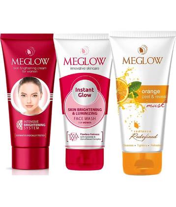 Meglow Skin Brightening Cream for Women 50g,Instant Glow Facewash 70g,Orange Peel & Reveal Mask 70g
