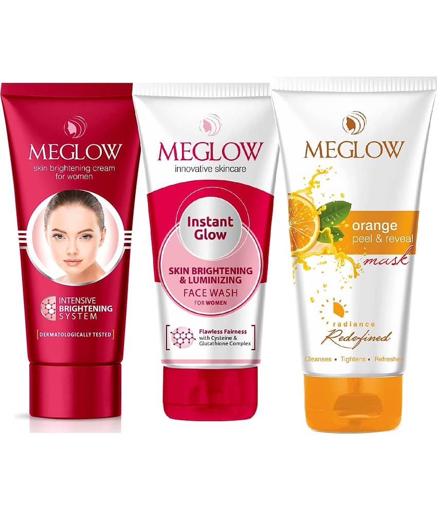 Meglow Skin Brightening Cream for Women 50g,Instant Glow Facewash 70g,Orange Peel & Reveal Mask 70g
