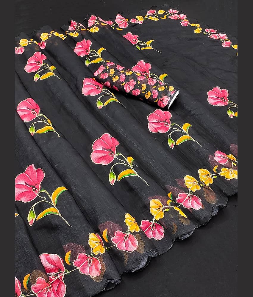 supalee Tex Linen Printed Saree With Unstitched Blouse Piece ( Black )
