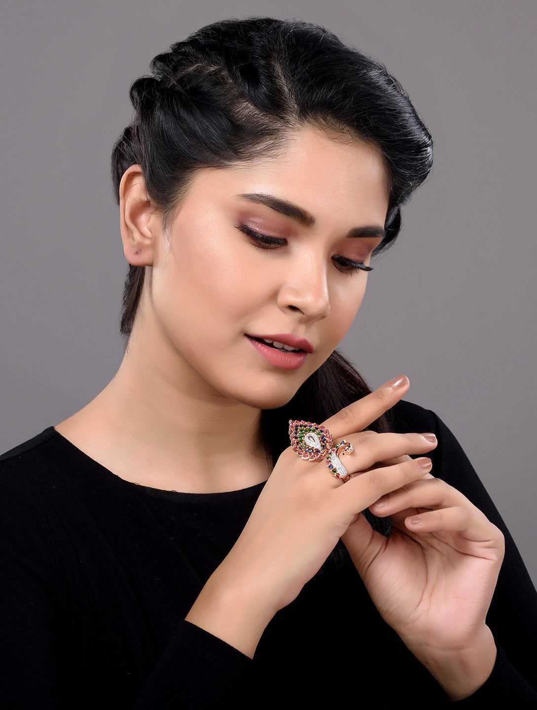 Rose Gold Plated Multi AD studded Peacock Designer Finger Ring