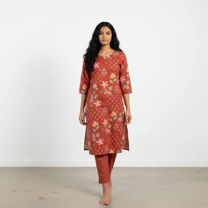 Rust Orange Screen-Print Cotton Kurti with Matching Trousers Rust Orange Screen-Print Cotton Kurti with Matching Trousers