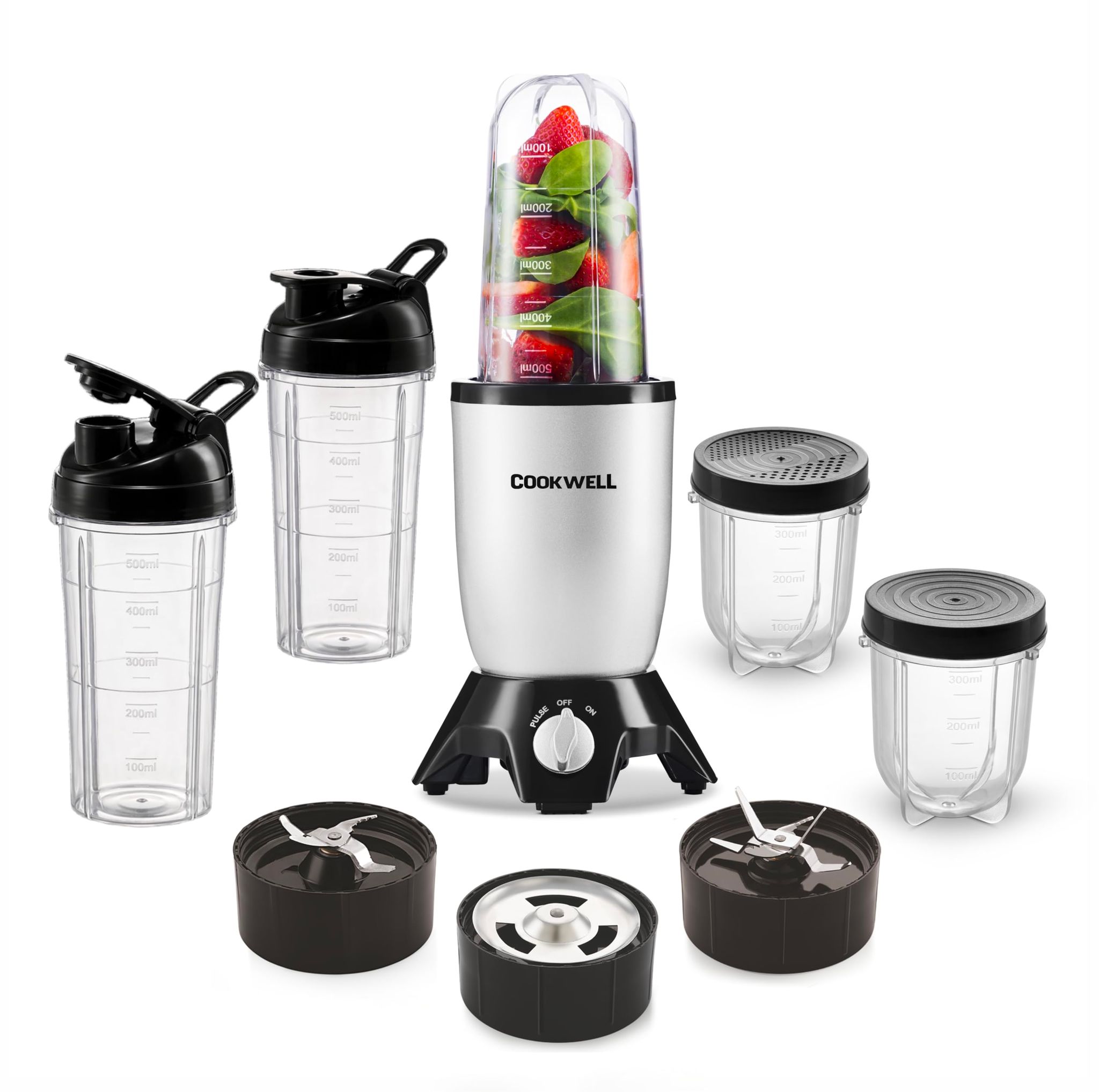 Cookwell Bullet Mixer Grinder (5 Jars, 3 Blades, Silver) - Copper, 600 Watts - 2 Year Warranty Cookwell Bullet Mixer Grinder (5 Jars, 3 Blades, Silver) - Copper, 600 Watts - 2 Year Warranty - Silver / 5 Jars, 3 Blades